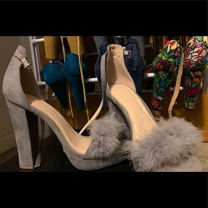 Charlotte Russe Grey Heeled Sandals with Fur Strap